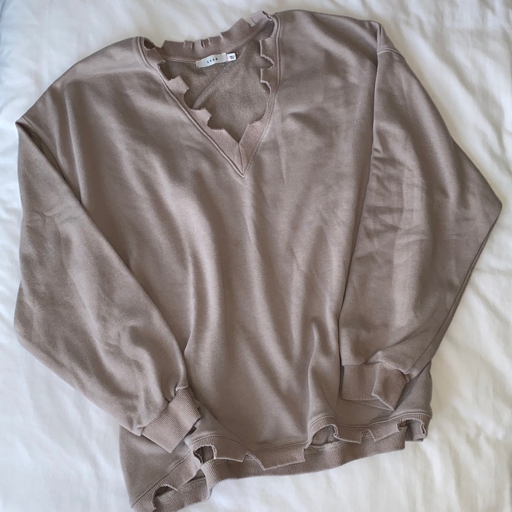 LUSH V-Neck Tan Sweatshirt | Distressed & Cut Edges | Size: M | True to size